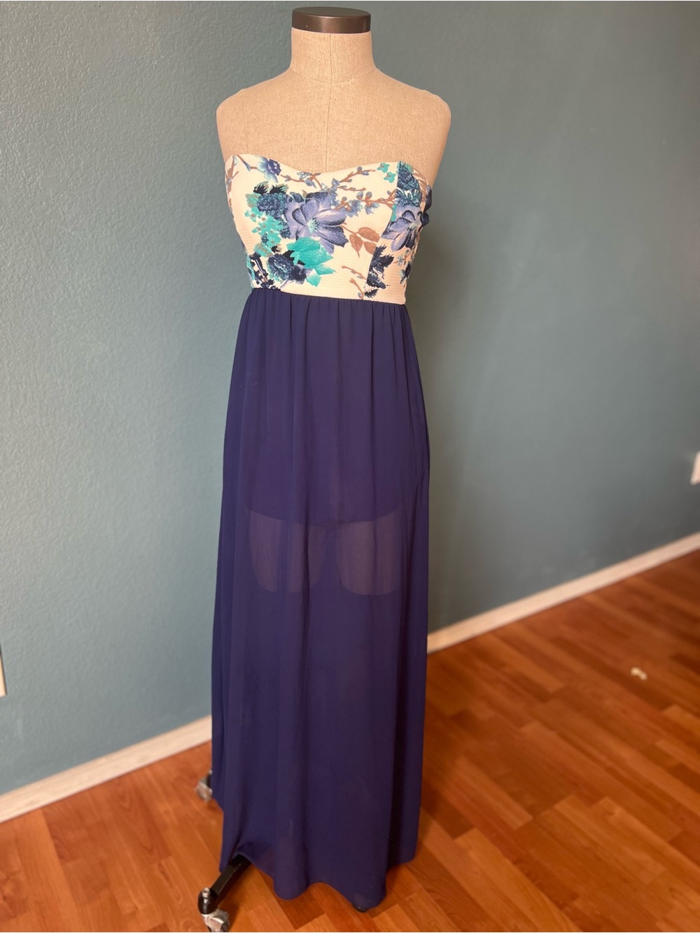 Style Rack Y2K Strapless Floral Bust Navy Chiffon Maxi Dress